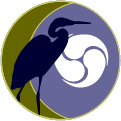 heron in front of green and violet circle